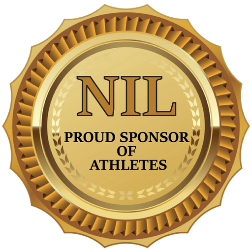 Gold emblem with 'NIL - Proud Sponsor of Athletes' text