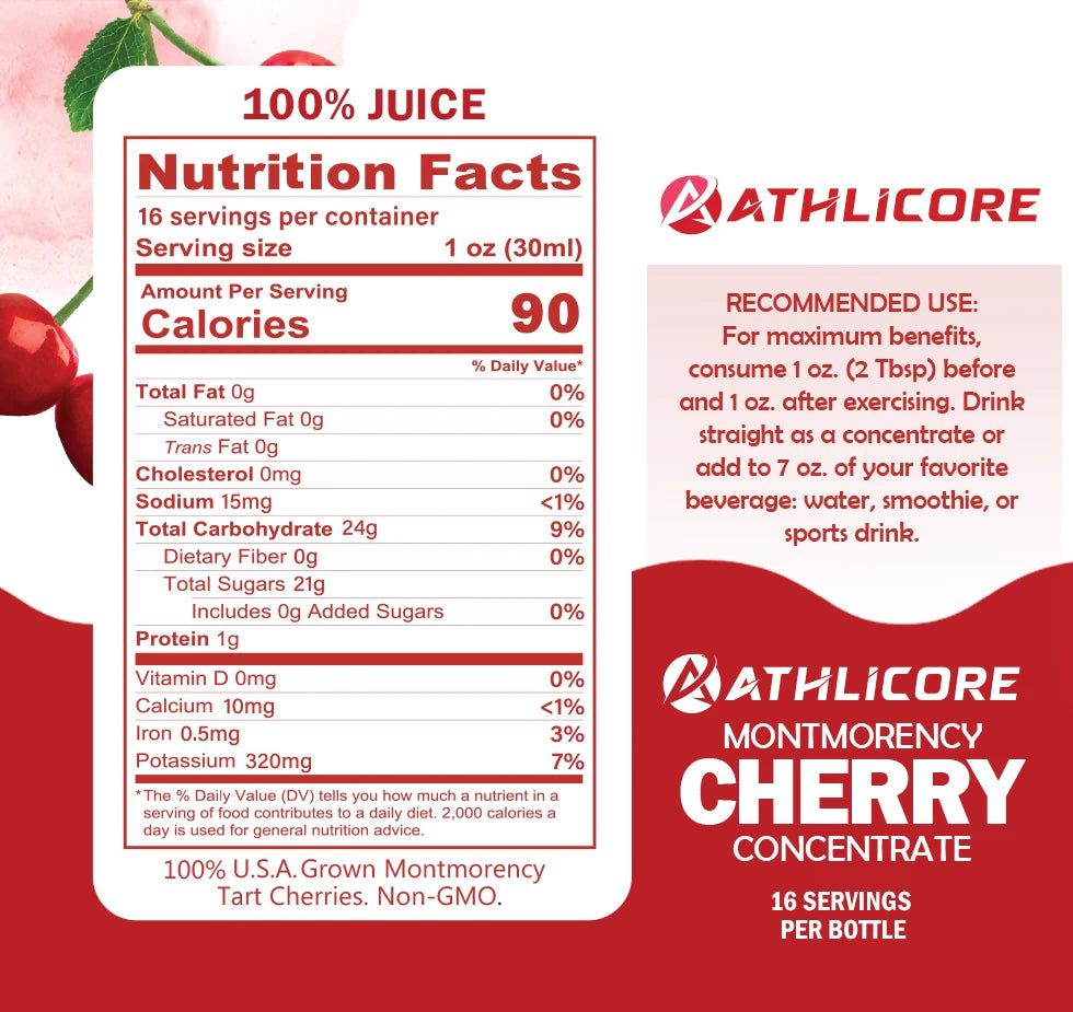 Label for 16oz bottle of Athlicore Montmorency Cherry Juice Concentrate, including Nutrition Facts and Recommended Use Instructions.