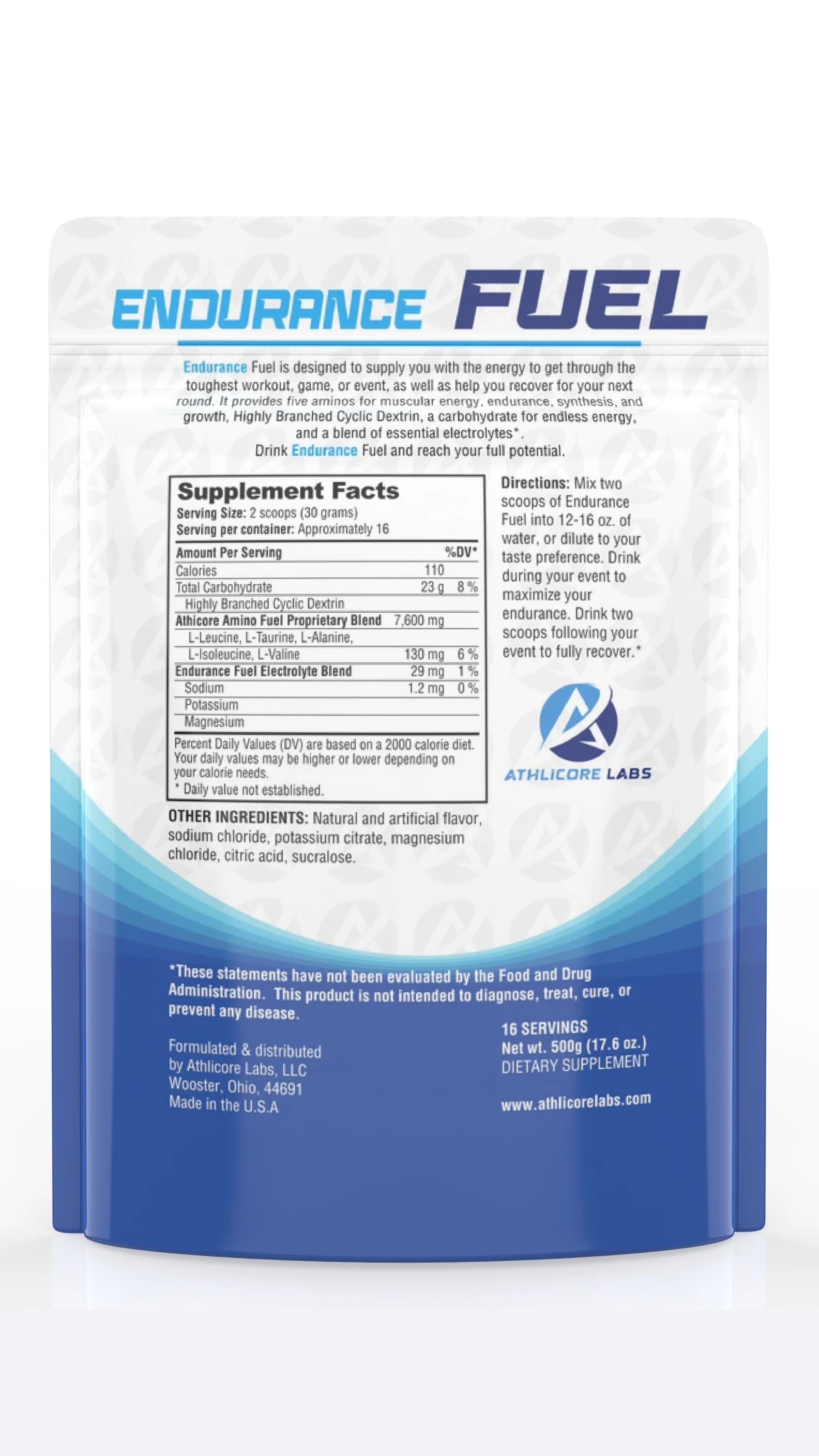 Back side of a pouch for Endurance Fuel, an energy and electrolyte drink mix.