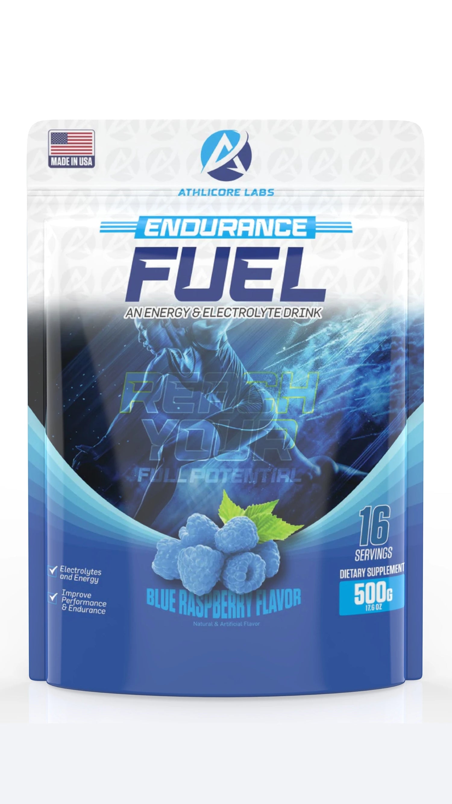 Front side of a pouch for Endurance Fuel, an energy and electrolyte drink mix.