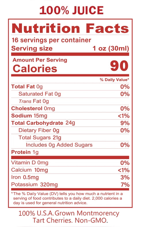 Nutrition facts label for 16-ounce bottle of Athlicore Labs Tart Cherry Concentrate.
