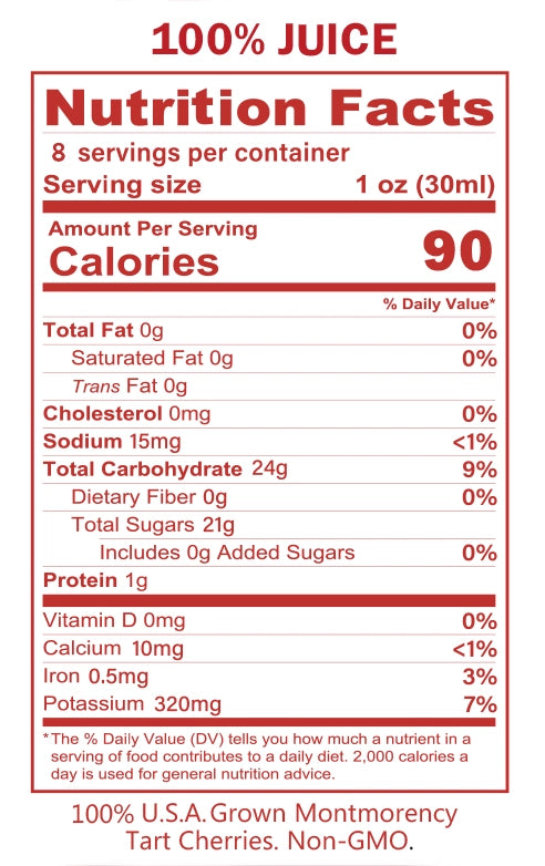 Nutrition facts label for 8-ounce bottle of Athlicore Labs Tart Cherry Concentrate.