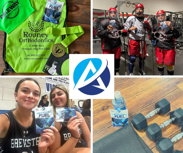 Collage of athletes holding packets of Endurance Fuel drink mix in various settings